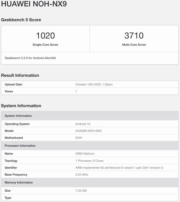 Huawei Mate 40 Pro Geekbench