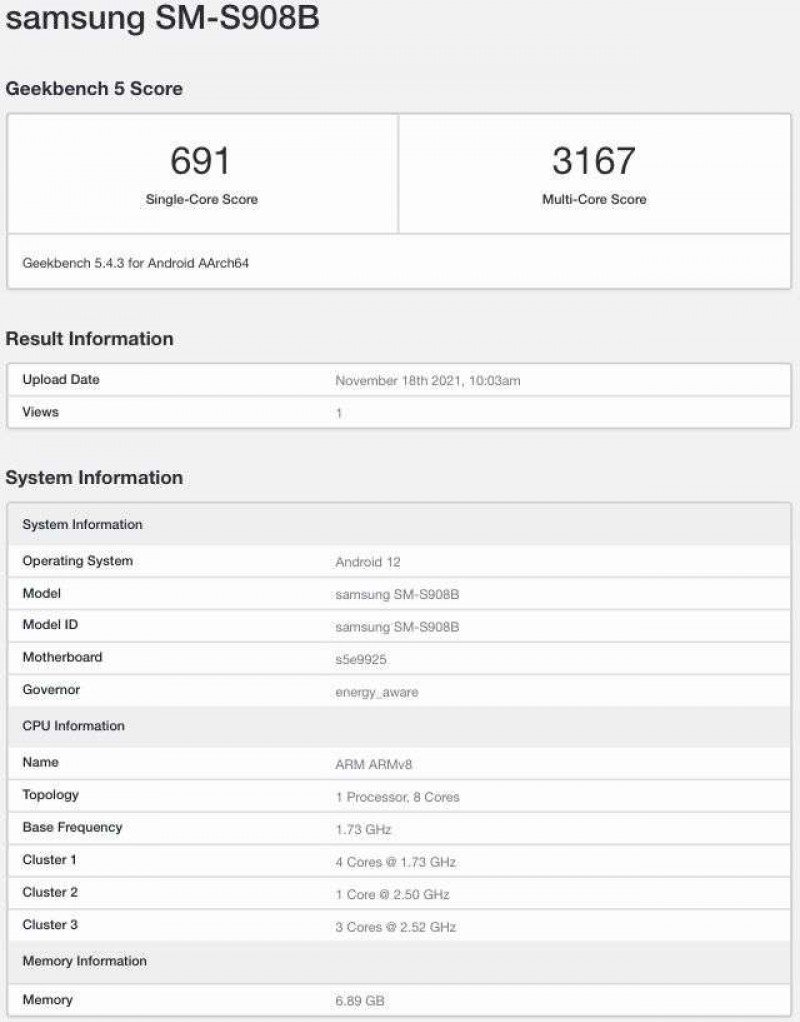 Samsung Galaxy S22 Ultra Geekbench