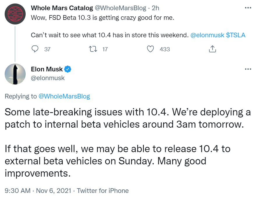 Tesla internal test vehicle will install FSD 10.4 tomorrow