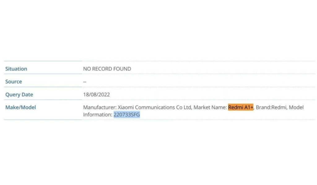 Redmi A1+ Get FCC