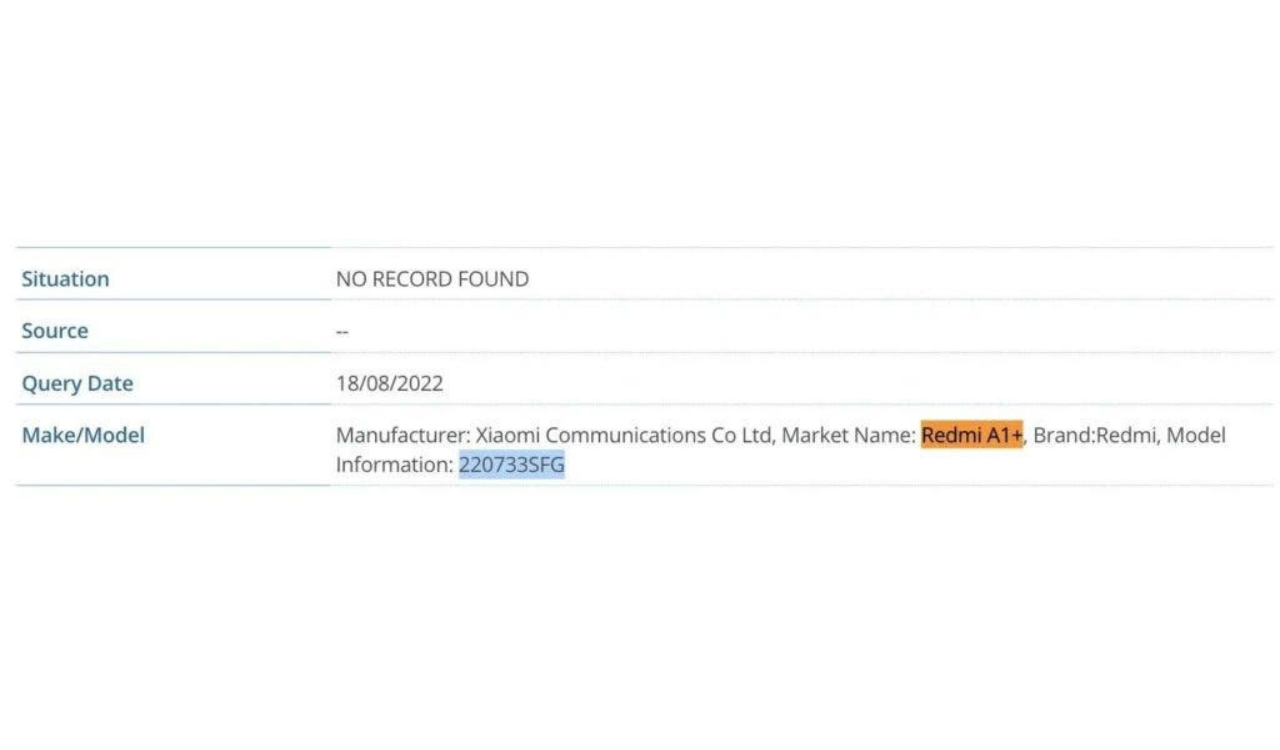 Redmi A1+ Get FCC